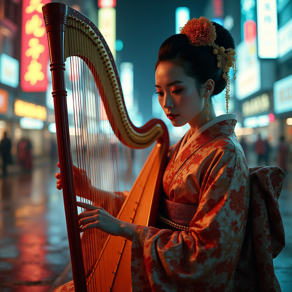 Geisha in Futuristic Cityscape as Hyperrealistic Portrait