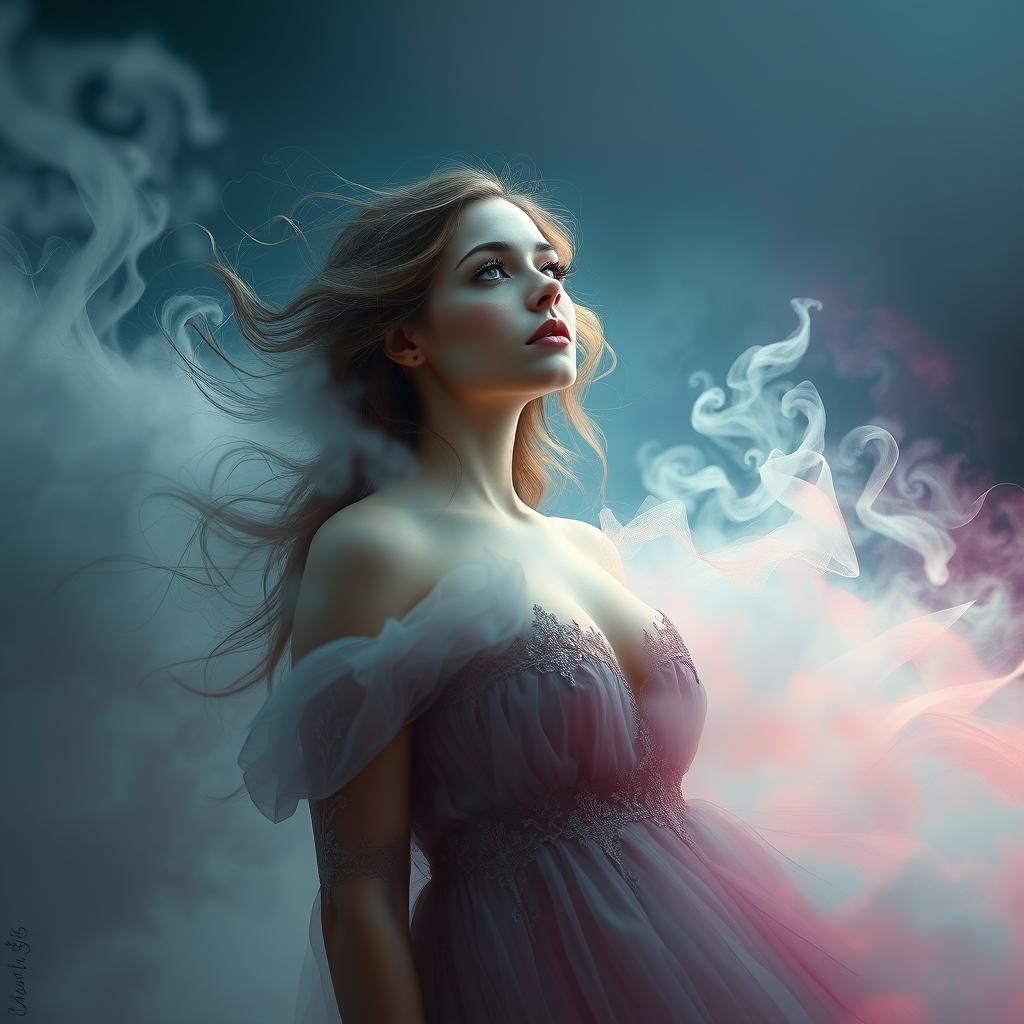 Melancholy Woman in Fog, Surreal Digital Art