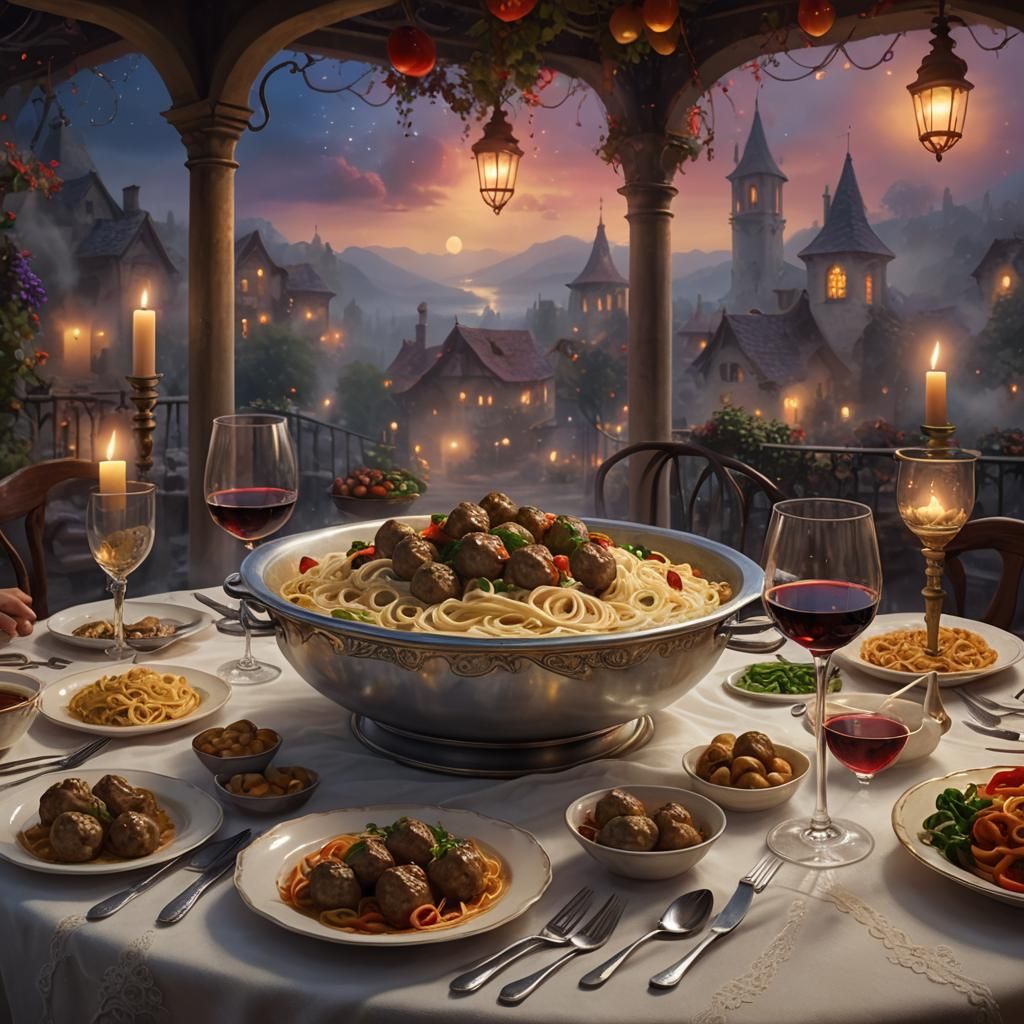 Fantasy Restaurant: Spaghetti Dinner in Thomas Kinkade Style