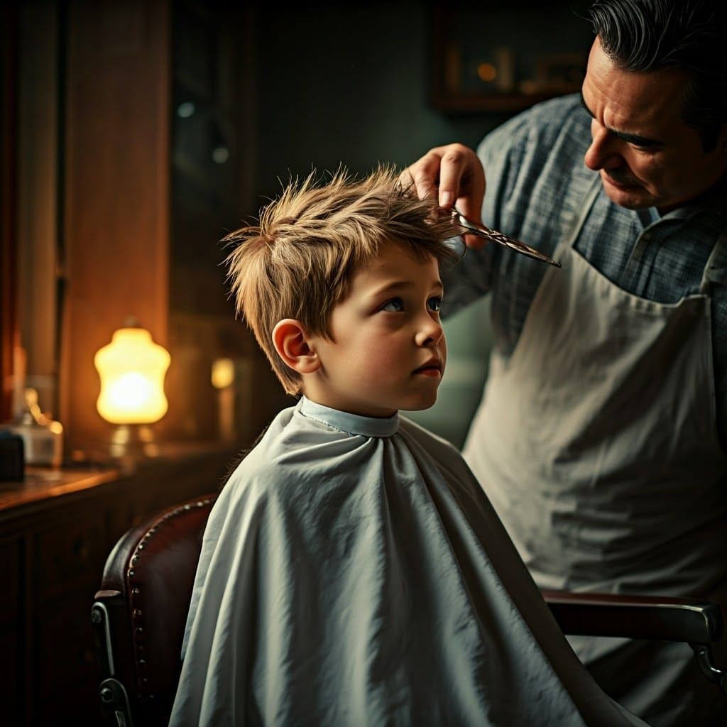 Barber Tenderly Trims Young Boy's Hair in Cozy Vintage Setti...