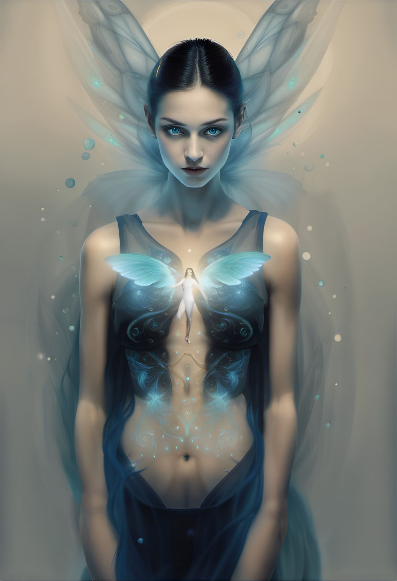 radiant deep glowing blue!!! woman floating off the ground with large translucent iridescent blue wings and blue eyes, a...
