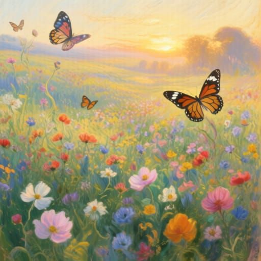 Golden Hour Landscape with Wildflowers and Butterflies