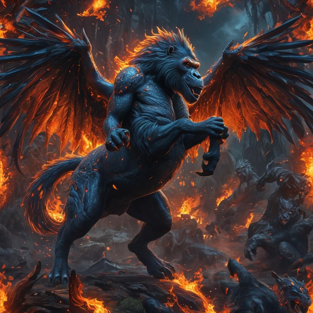 Fiery Horse-Gorilla Fusion with Dragon Wings