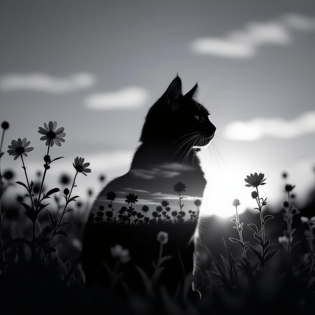 Cat Silhouette Double Exposure at Sunset