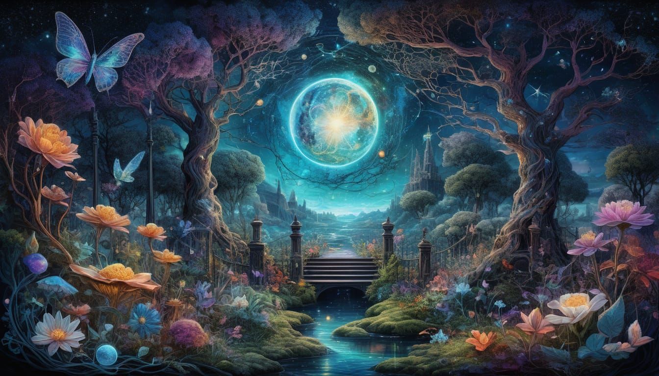 Dreamlike Garden with Musical Flowers: Astral Cosmic Illustr...