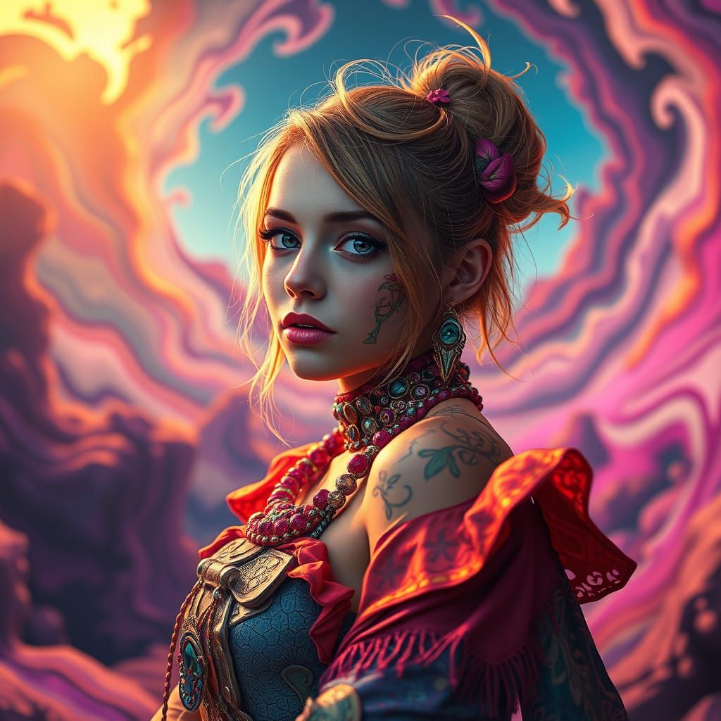 Surreal Woman Enters Dreamlike Realm in Vibrant Cyberpunk St...