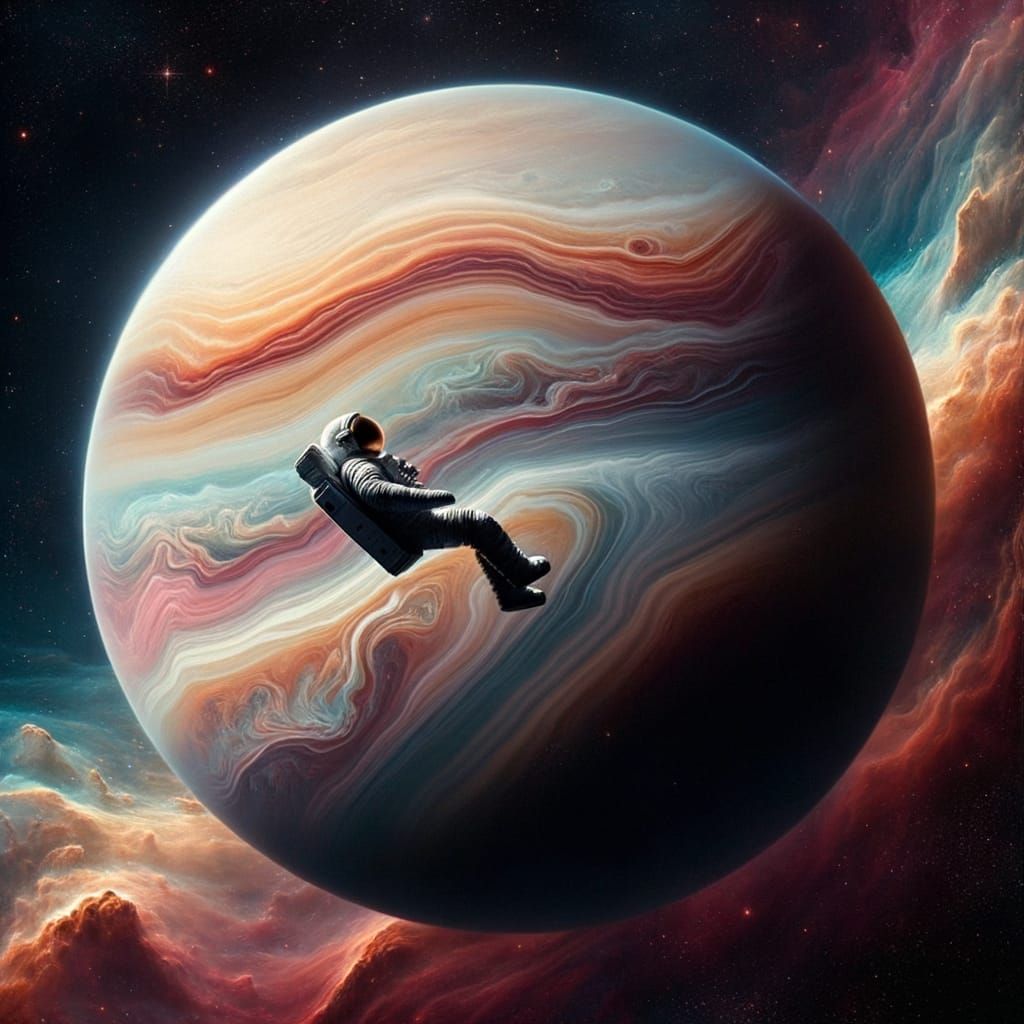 Astronaut Gazes at Giant Planet in Cosmic Swirl