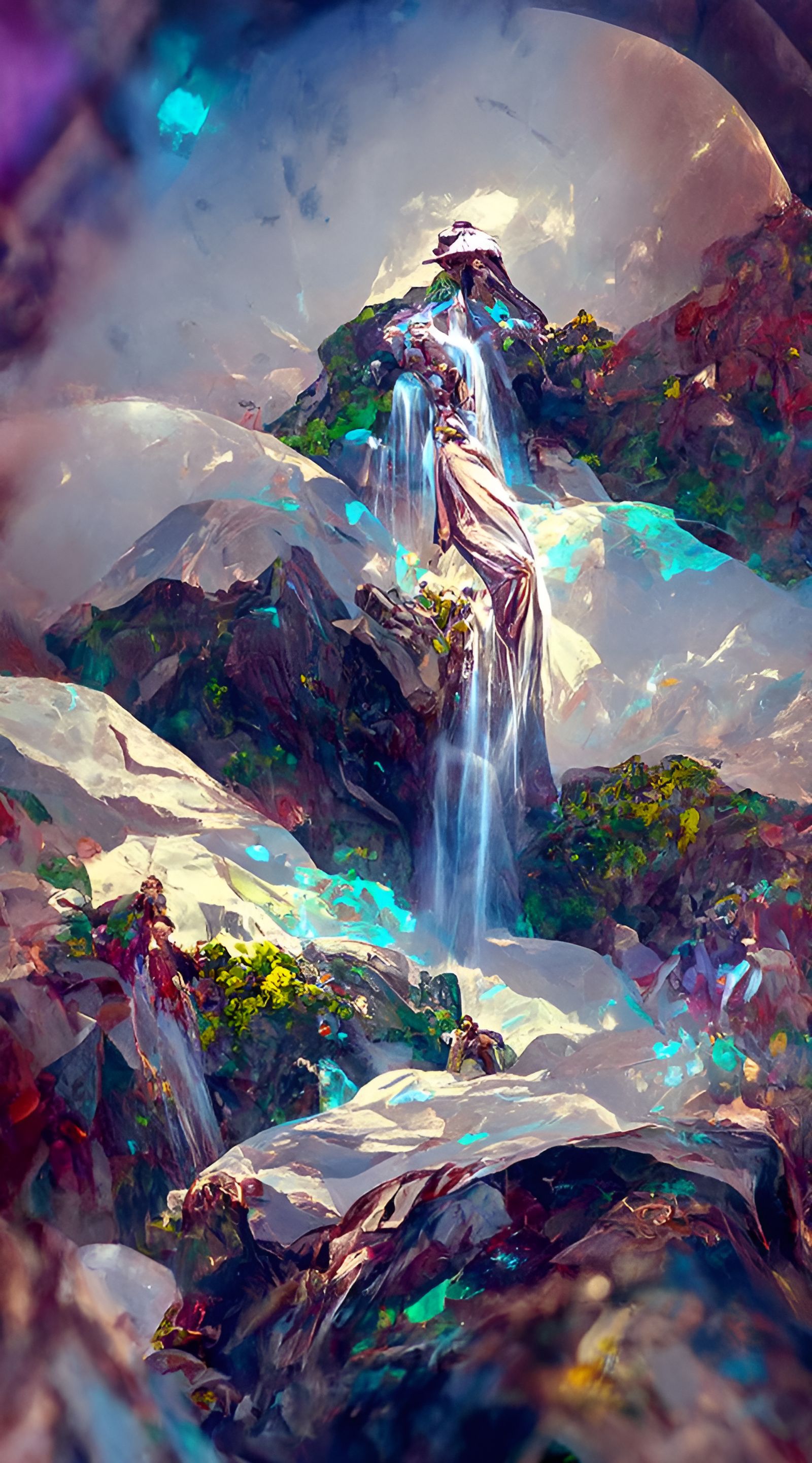 Waterfall, climbing mountain tops 8k resolution holographic astral cosmic illustration mixed media by Pablo Amaringo tre...