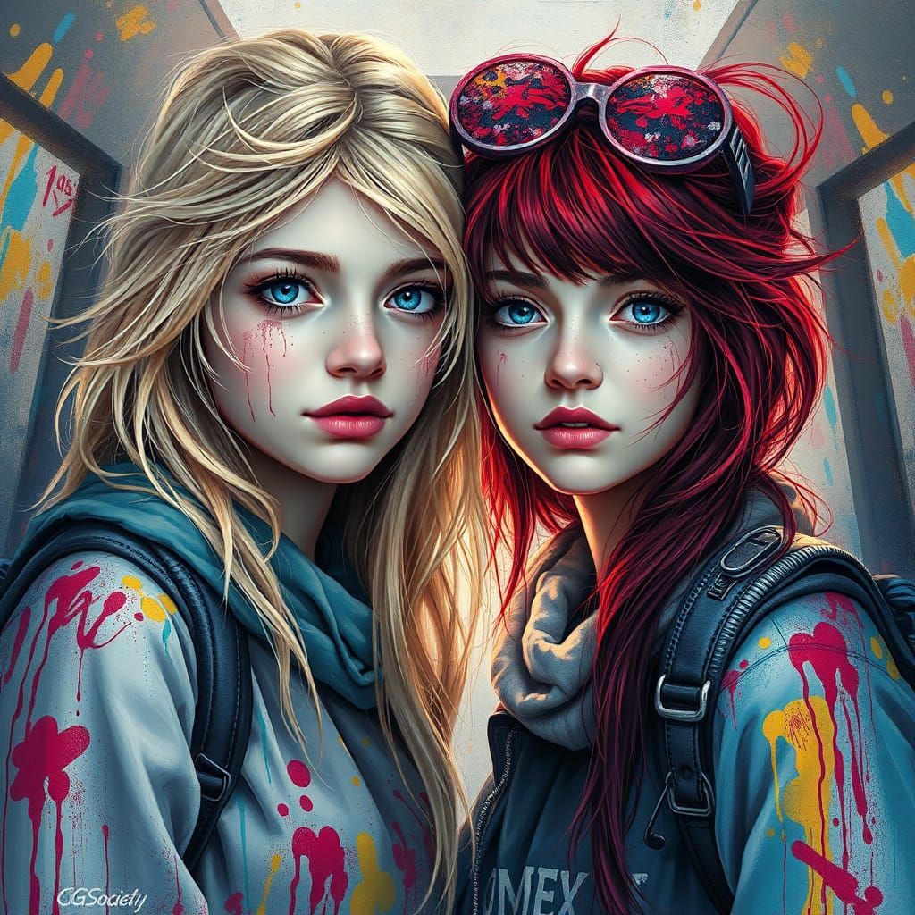 Hyperrealistic Twins in a Magical Graffiti Landscape