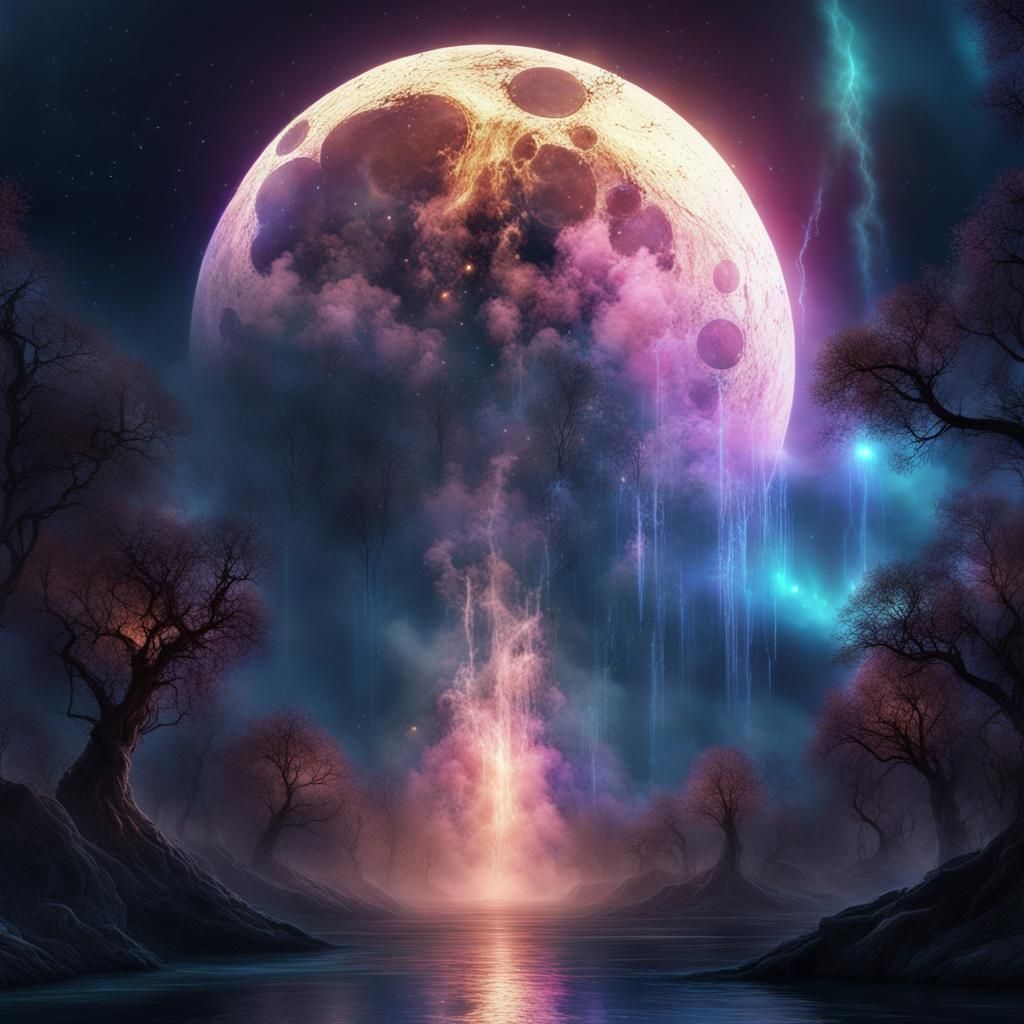 Ethereal Spirit Gazing at Bioluminescent Moon