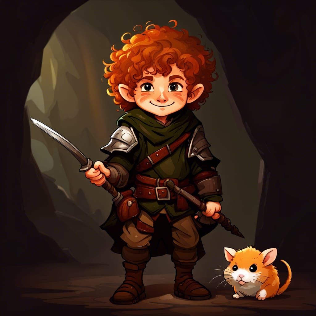 Halfling Ranger in Dungeon, Artistic Drawing