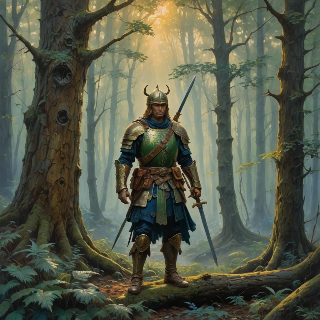 Fantasy Warrior in Misty Forest: An Oil Painting