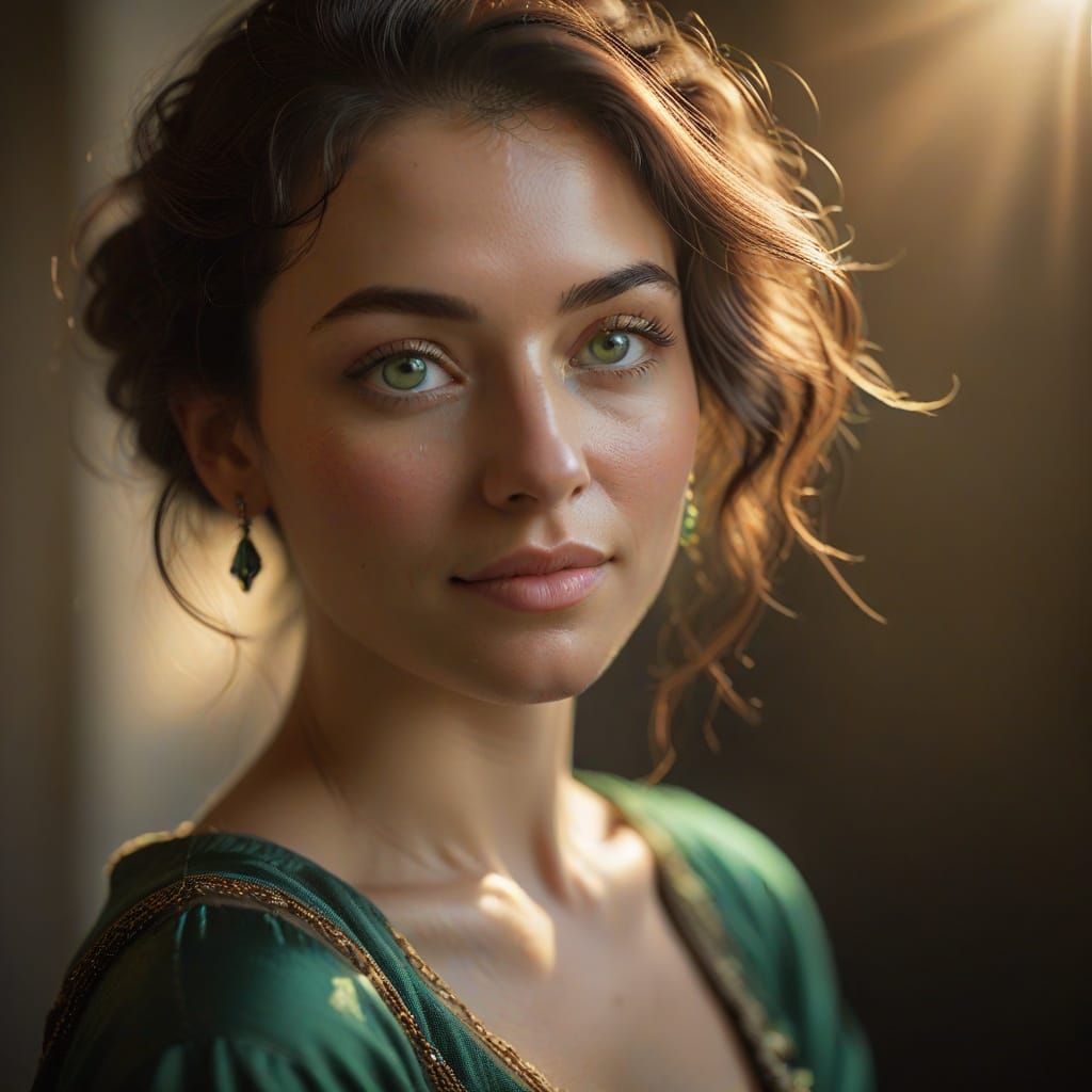 Serene Portrait with Radiant Emerald Eye in Warm Golden Ligh...