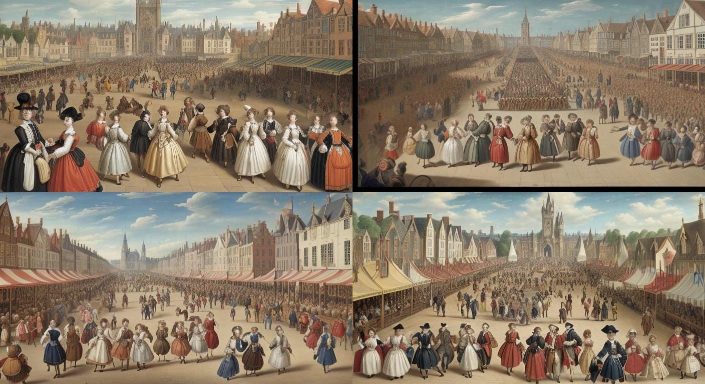 A 1600s fair, eye level, walking with all the people, and at...