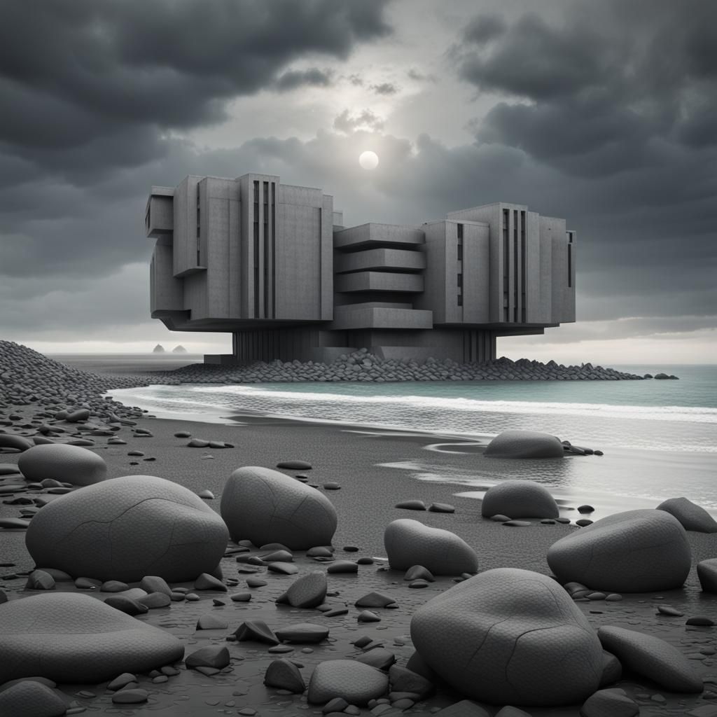 Brutalist Building on Alien Planet in Sci-Fi Style