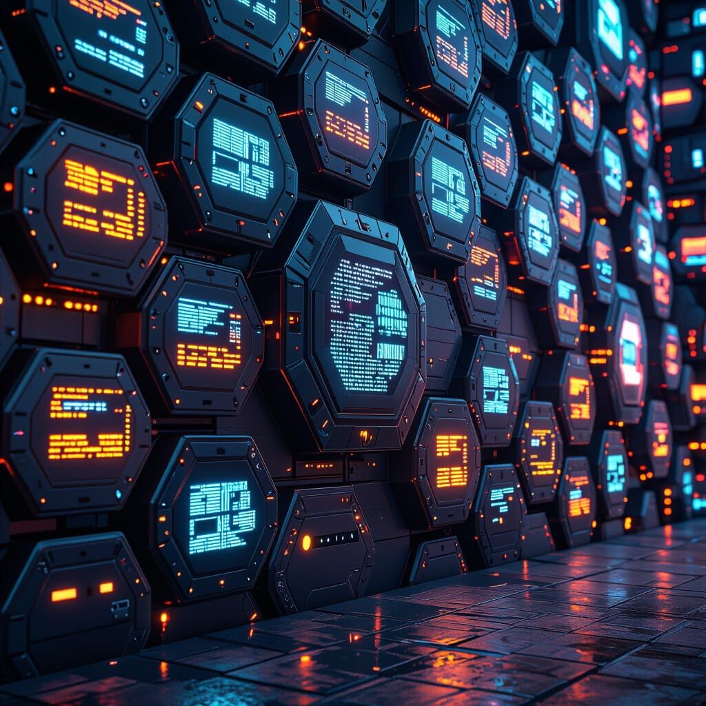 Fantastical Wall of Hexagon Computers With Flashing Lights