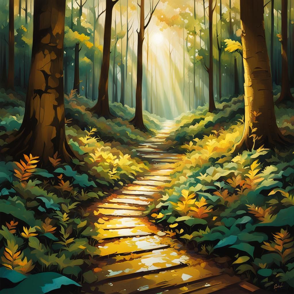 Sunlit Forest Path in Graffiti Art Style