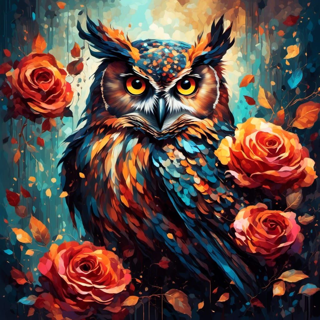 Owl in Roses and Thorns, Modern Portrait