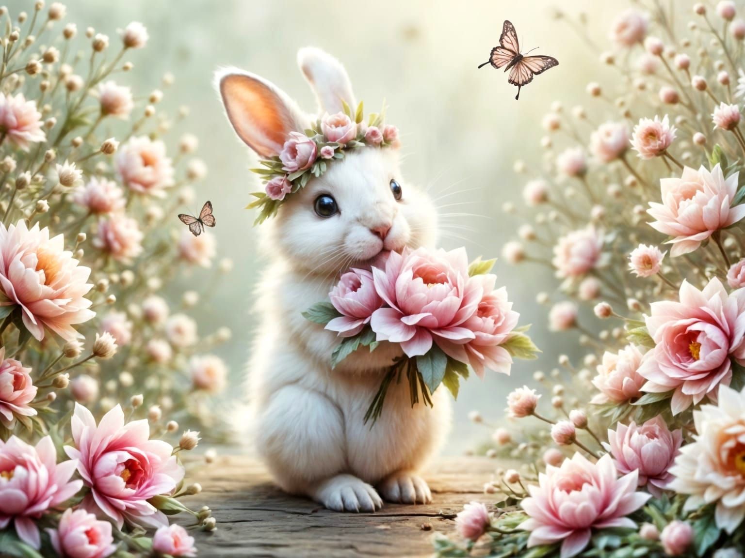 Bunny with Peonies in Cottage Garden