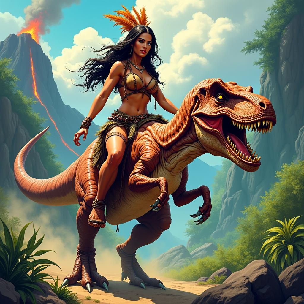 Better cavewoman riding a ferocious T-rex