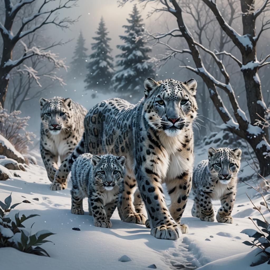 Snow Leopard Family in Winter Wonderland