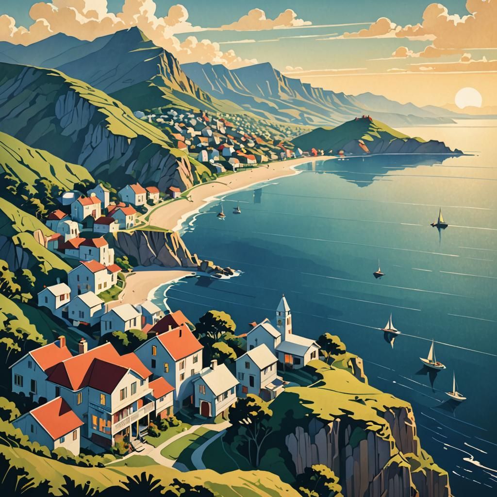 Sunlit Cliffside Village Overlooking Ocean in Art Deco