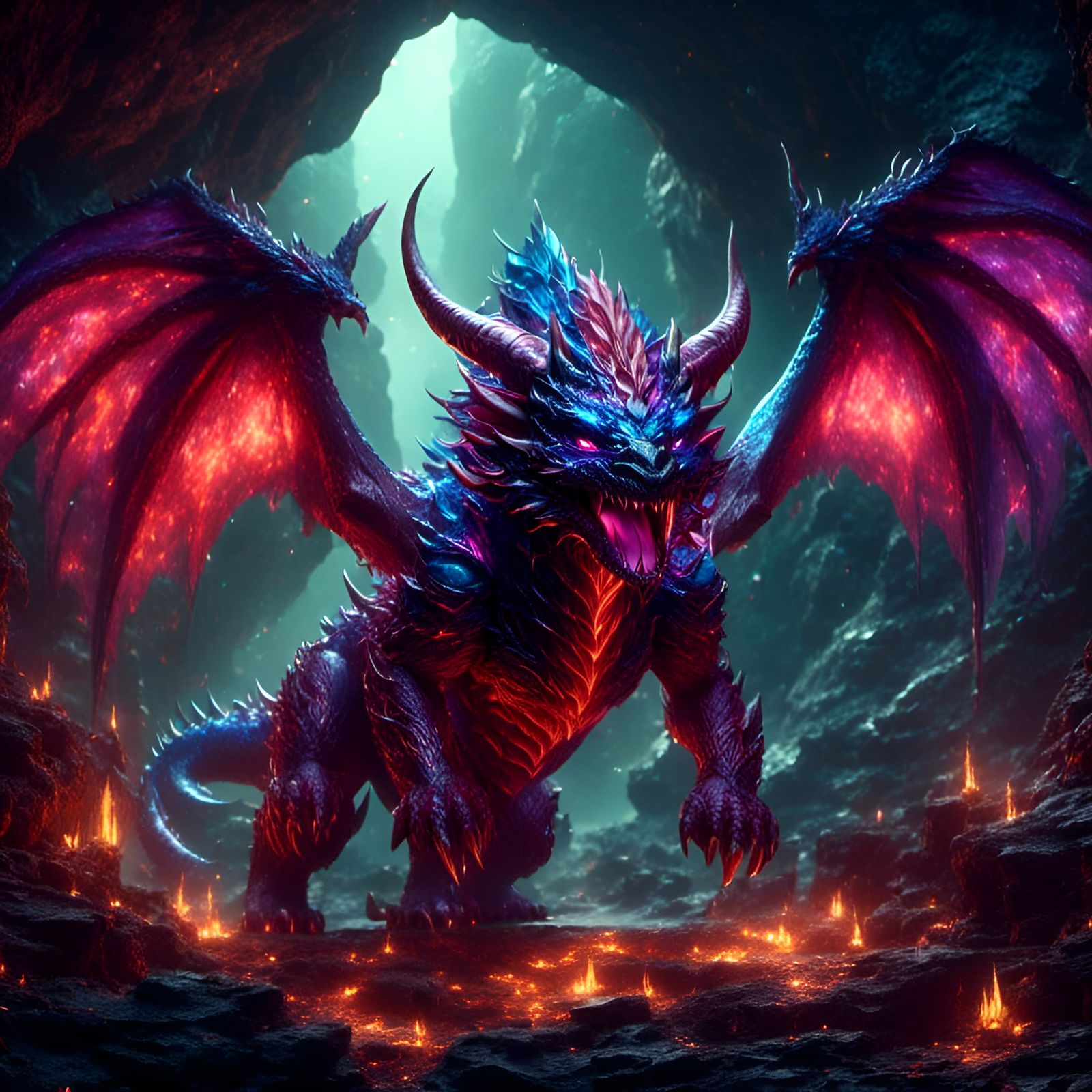 <lora:Dragon Fantasy:1.0> <lora:BearZFX:1.0> Minotaur with a multicolored dragons head and wings at the mouth of a cave