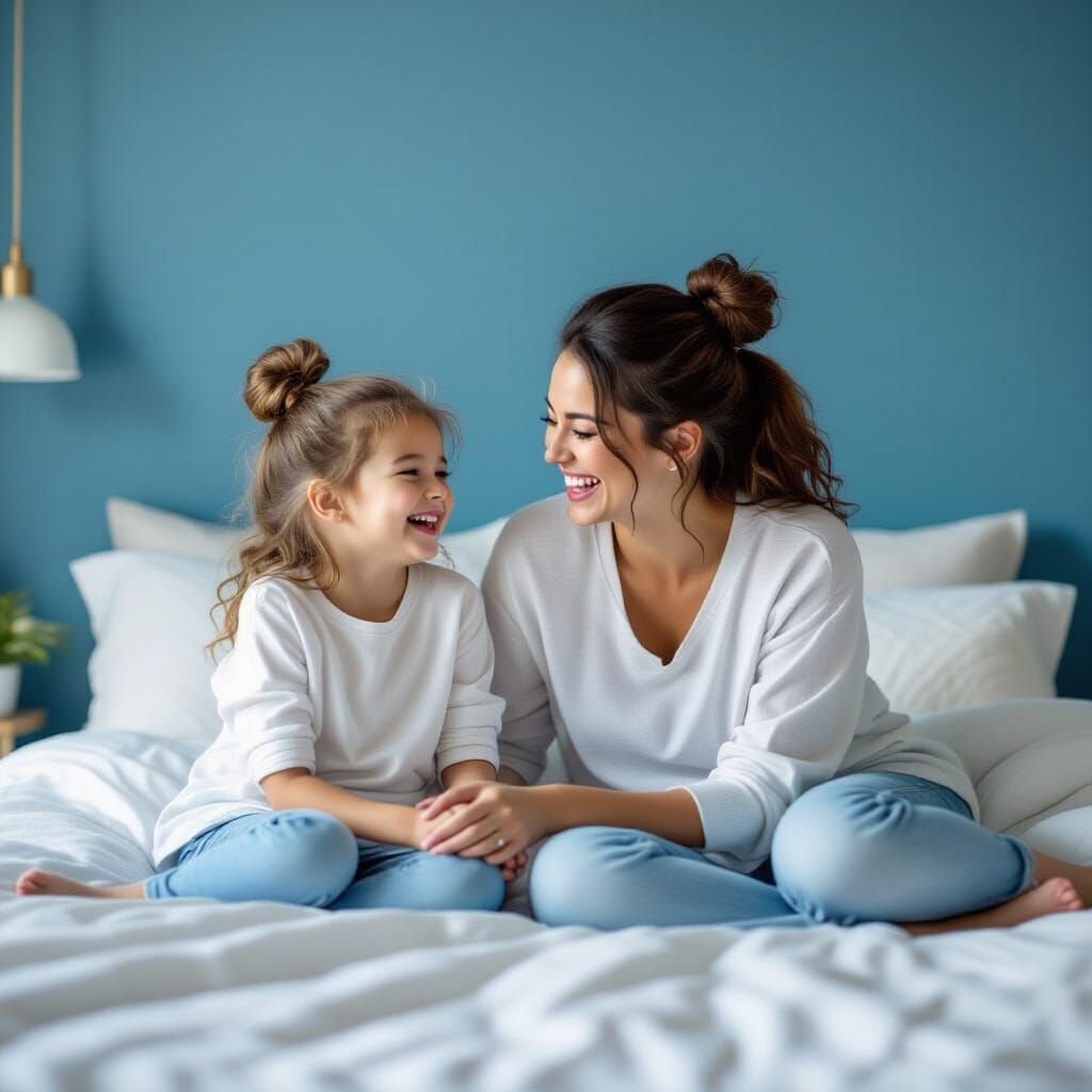 Mother and Daughter Laughing on Bed in Indigo Pastels