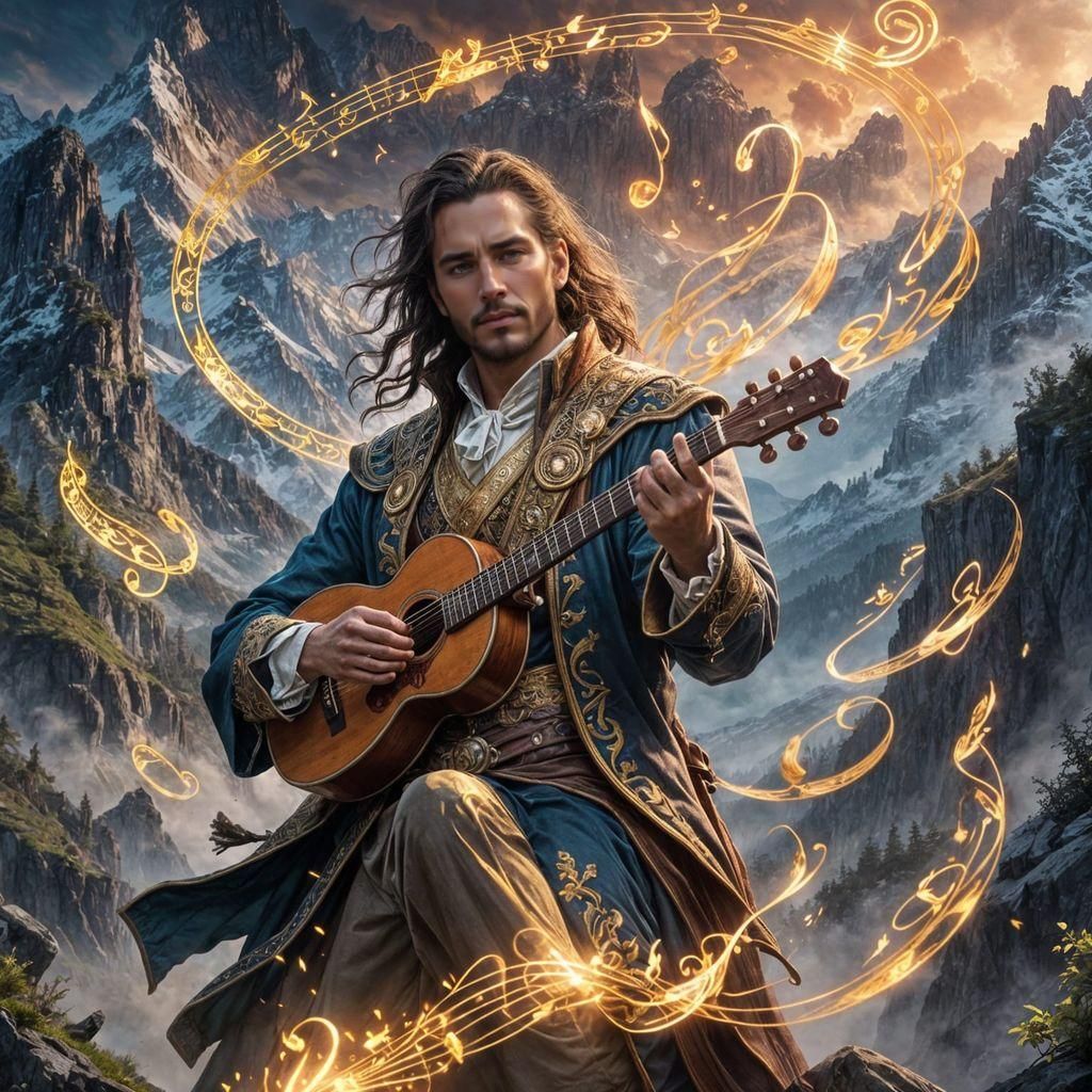Fantasy Bard Casting Musical Magic in Hyperdetailed Landscap...