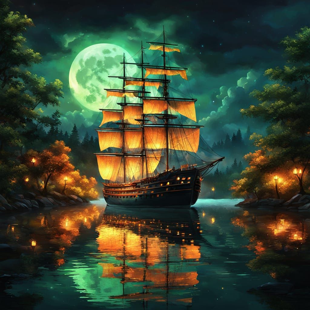 Luminous Ship on Lake Under Orange Moon