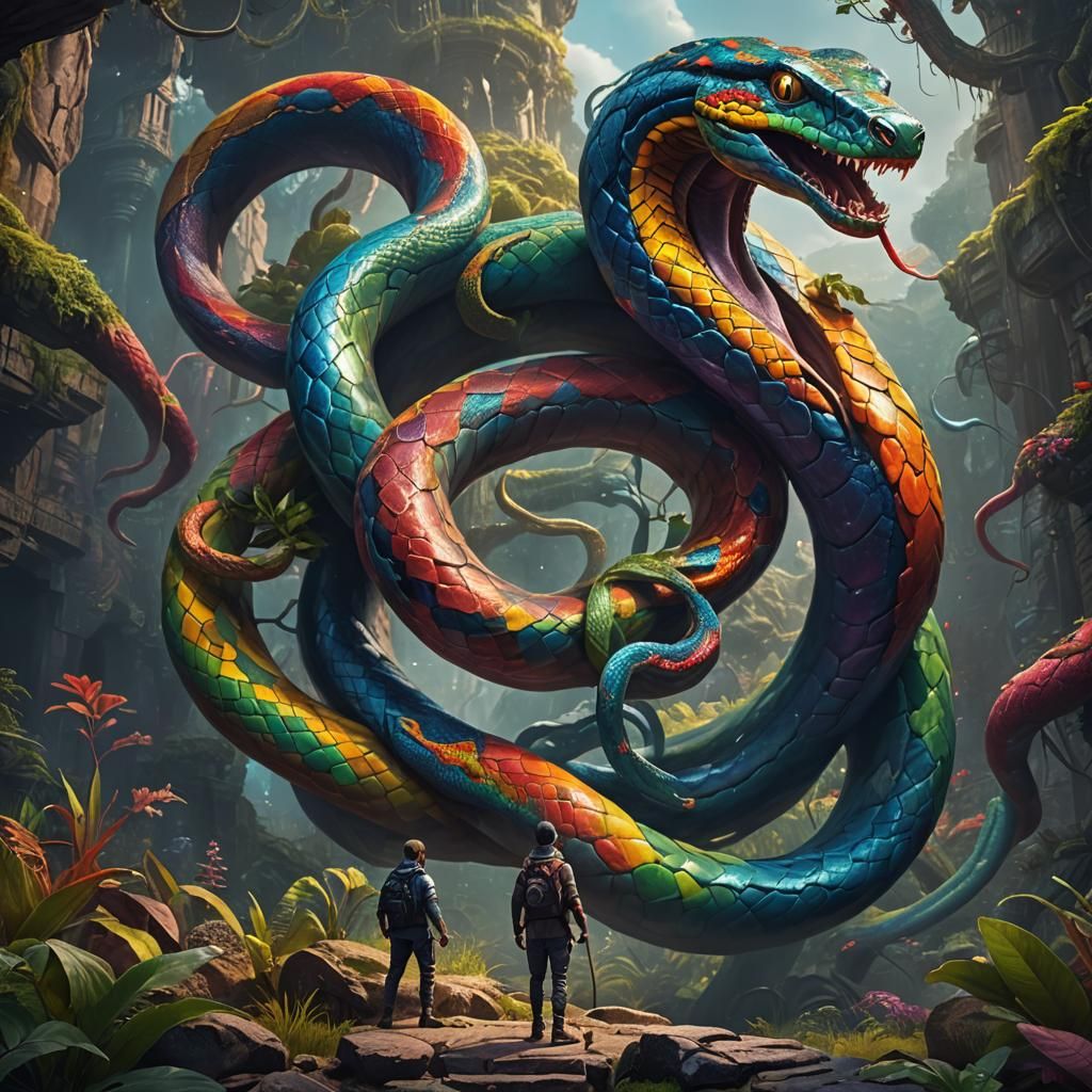 Giant Rainbow Snake Devours Human: Fantasy Art