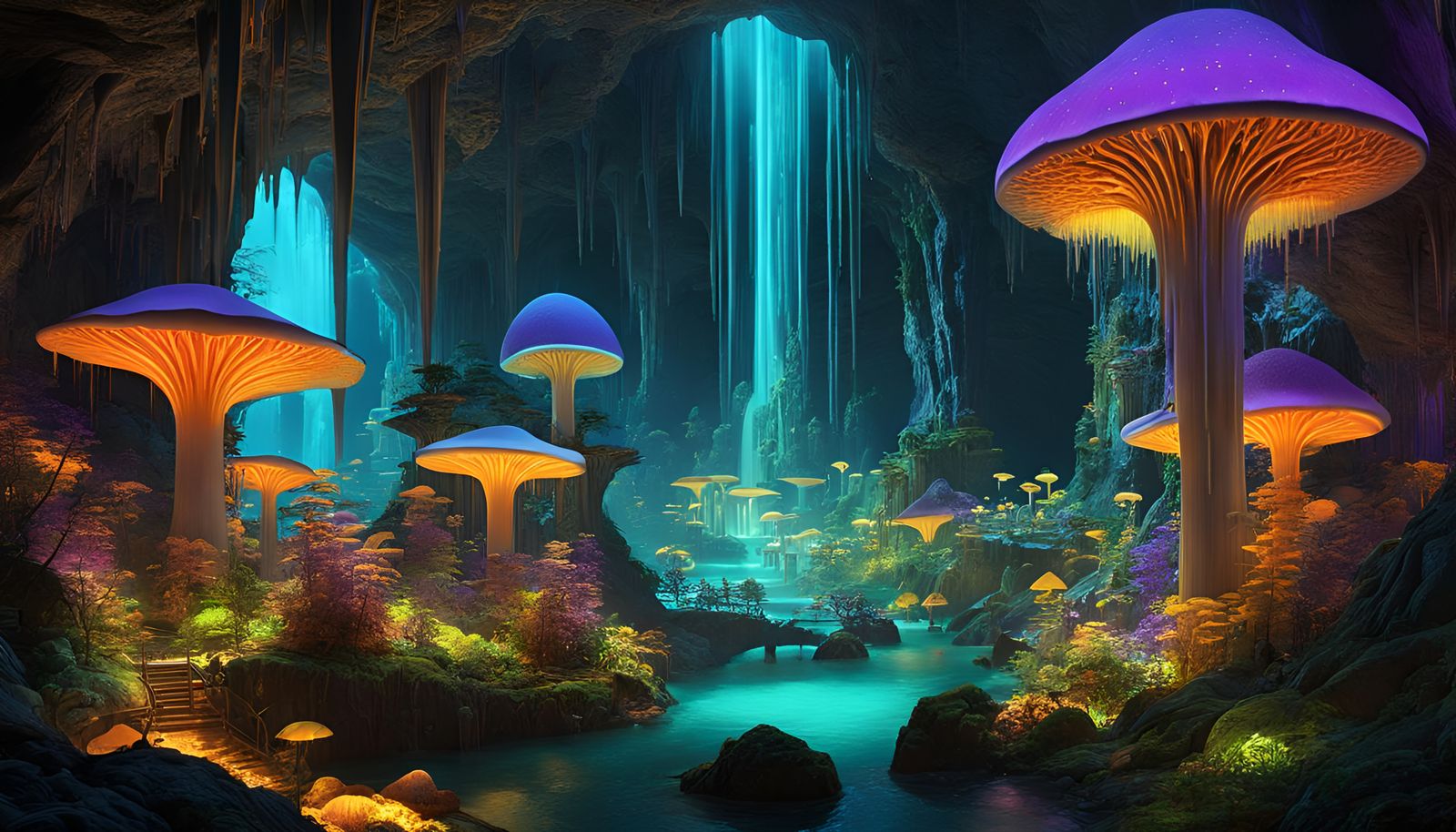Bioluminescent Underground City with Crystalline Structures