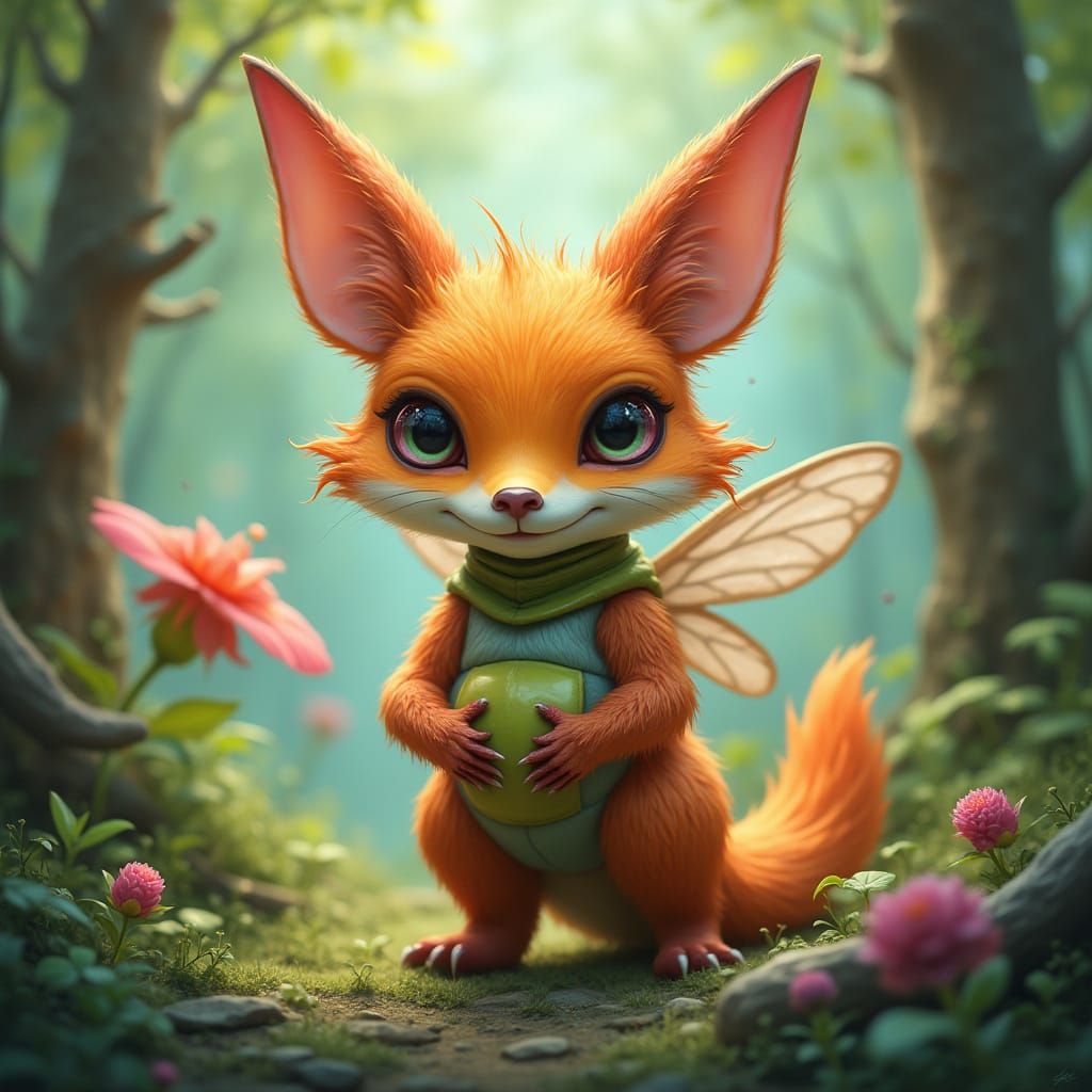 Anthropomorphic Bug-Fox Hybrid in Whimsical Forest