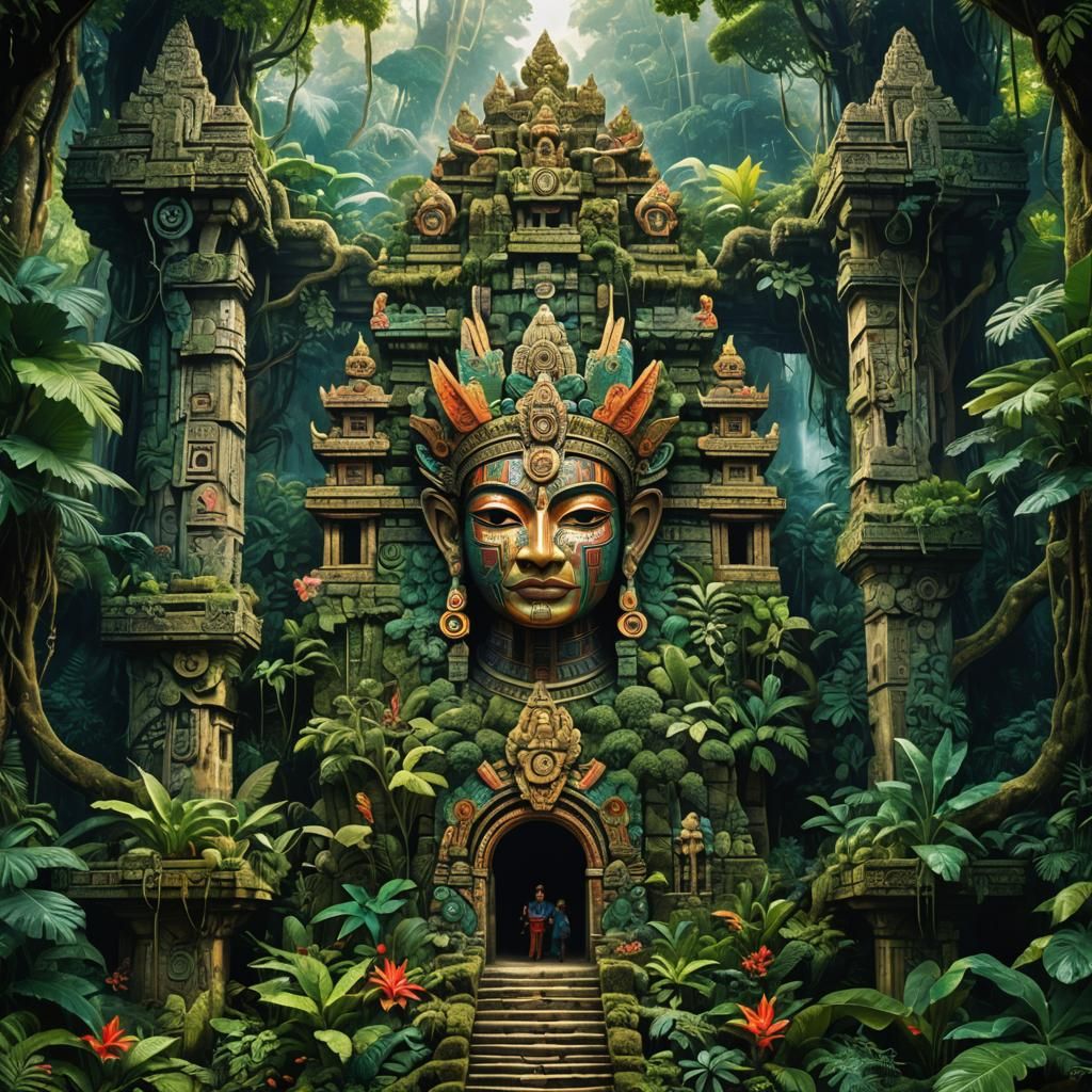 Aztec Palace in Jungle with Double Exposure