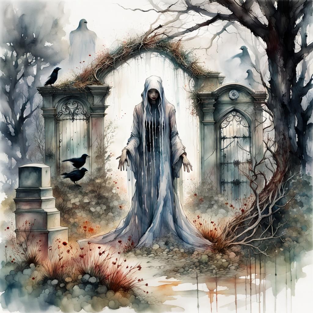 Watercolor Ghost in Overgrown Cemetery Landscape