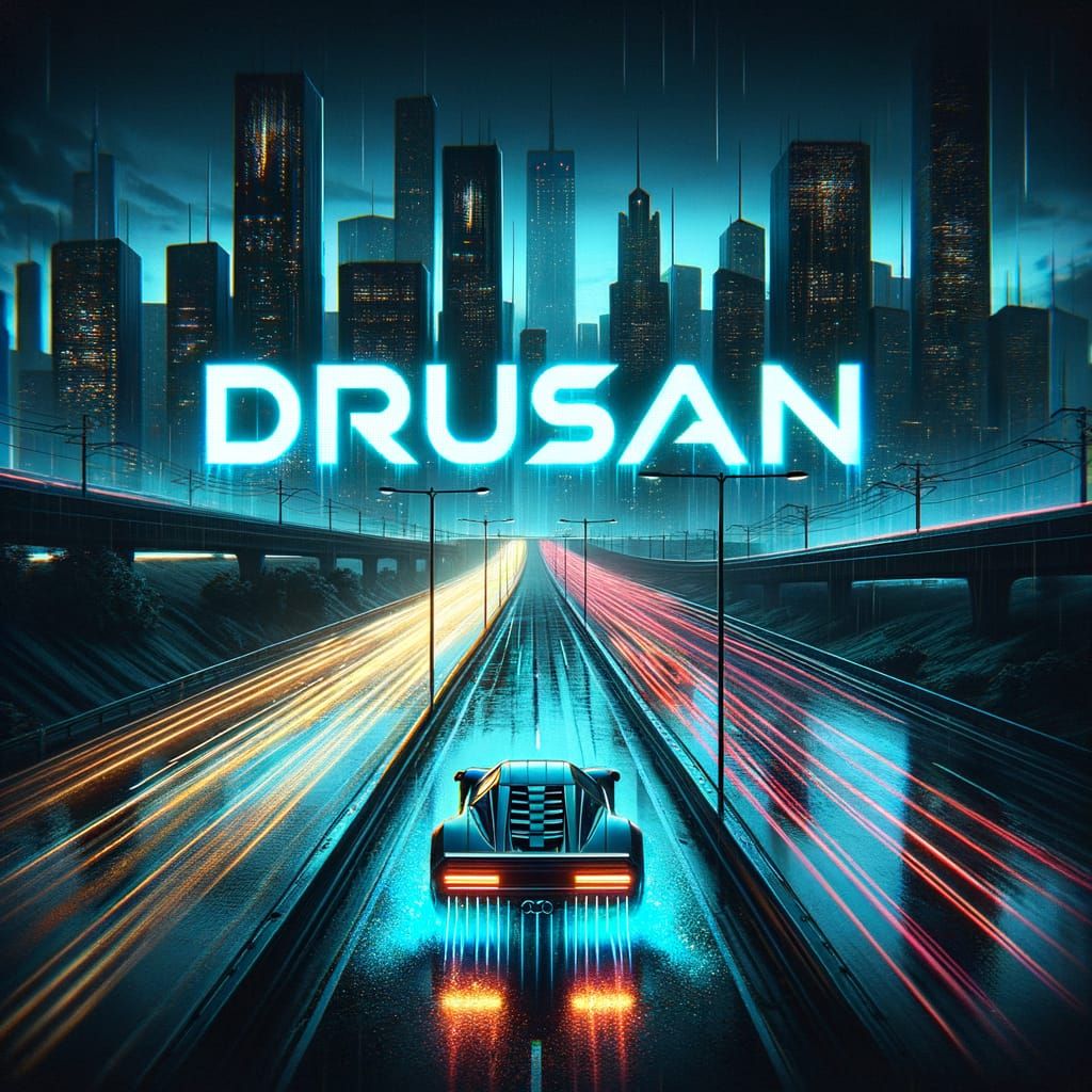 Dark Cyberpunk Cityscape with Neon 'DRUSAN' Logo