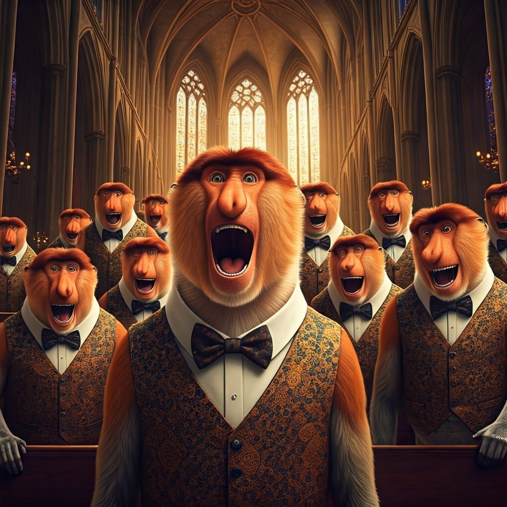 Proboscis Monkey Choir in Grand Cathedral, Pixar Style