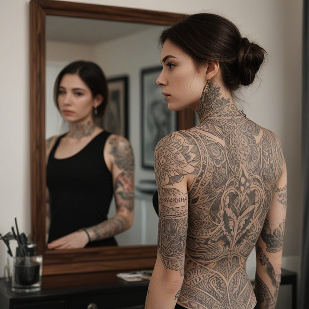 Woman With Intricate Tattoos Gazes Confidently in Mirror