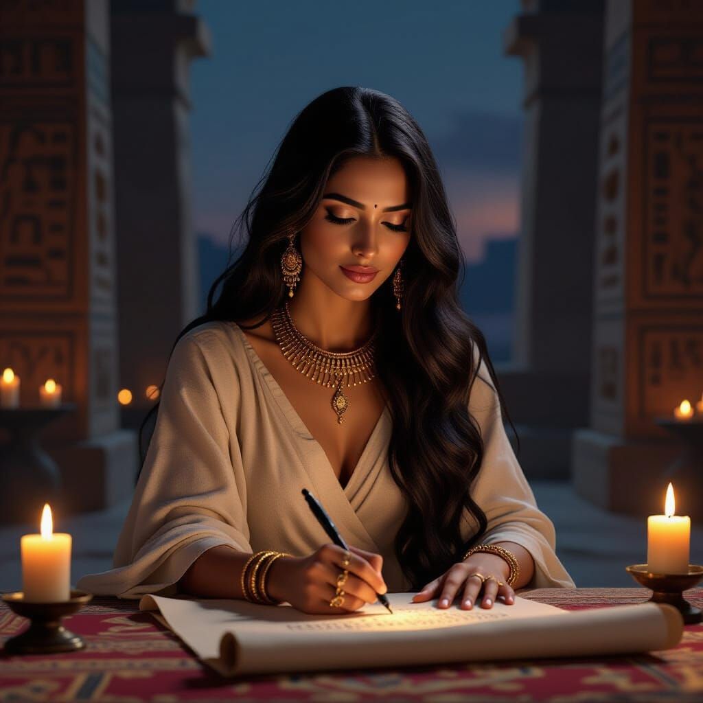 Woman Writing on Scroll in Ancient Egyptian Temple