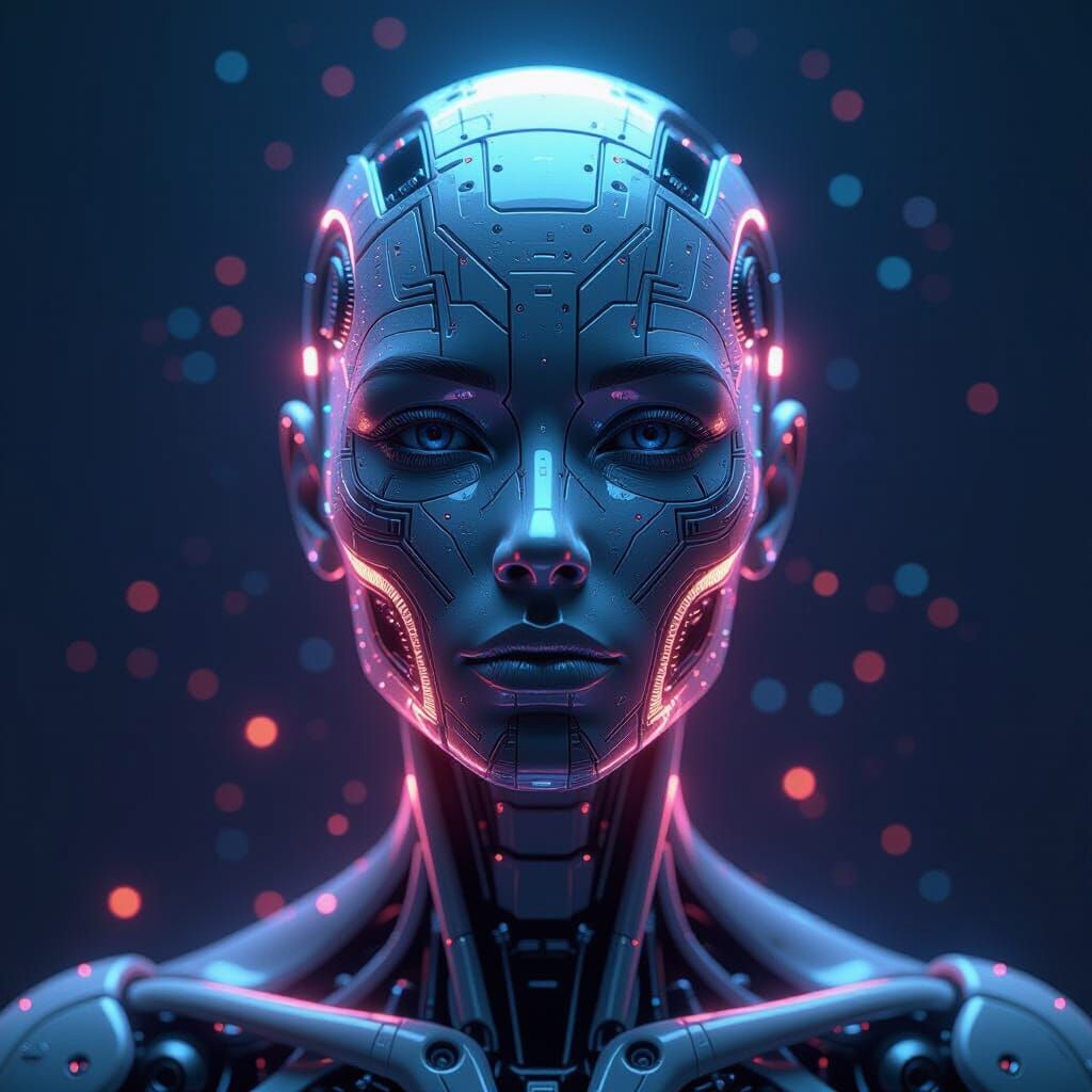 Glowing Android Portrait with Cosmic Background