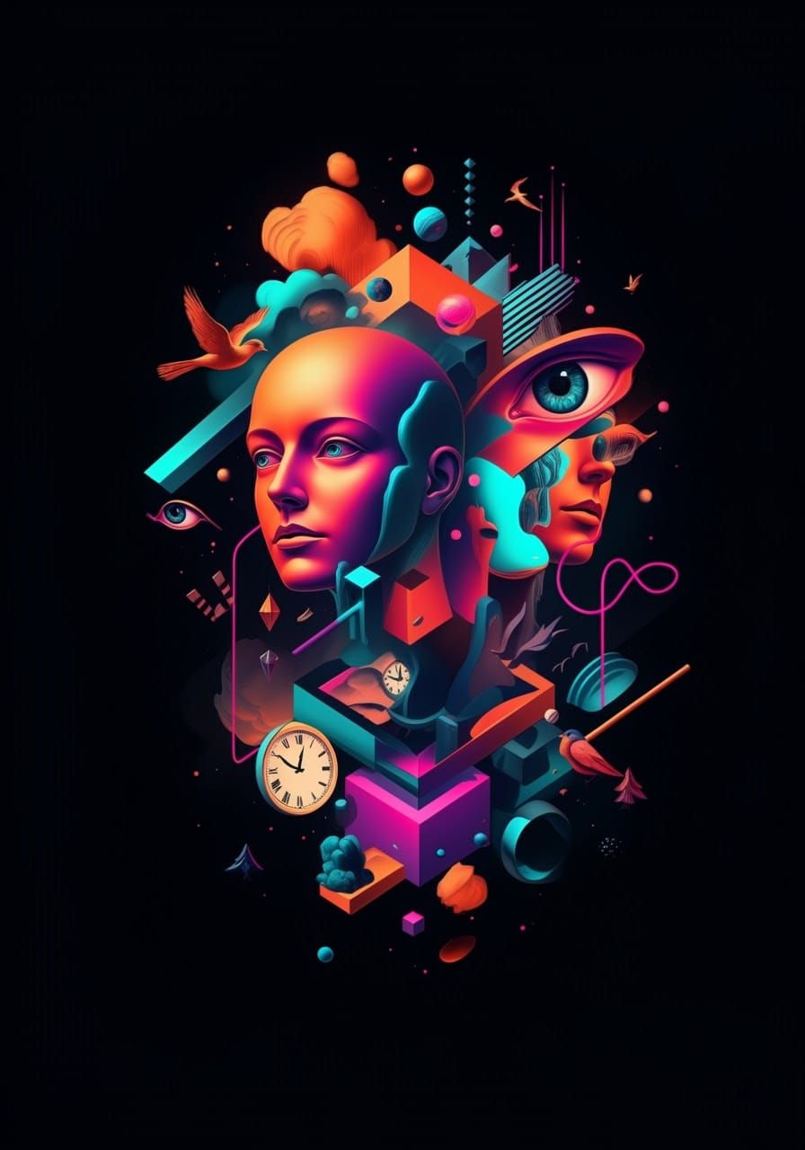 Surreal Cubist Figures in Neon Dreamscape