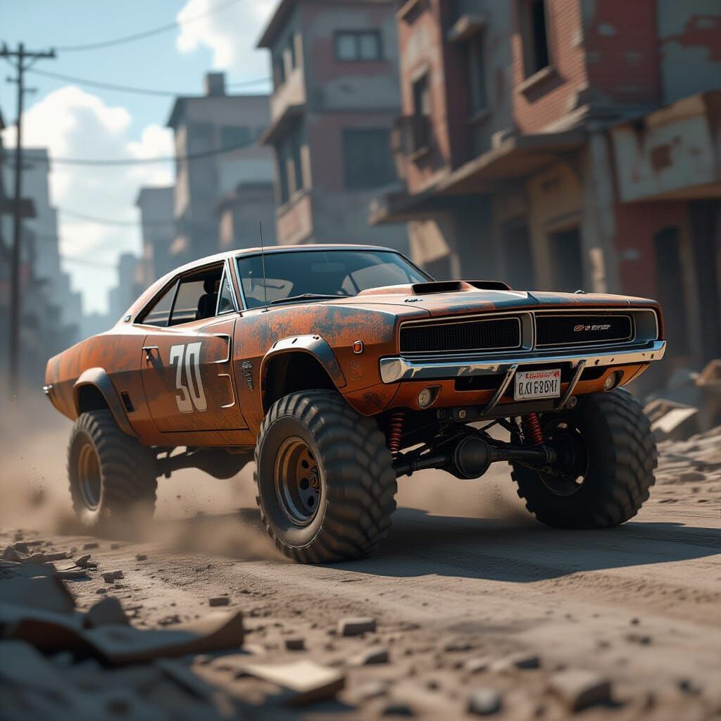 Post-Apocalyptic 1968 Dodge Charger in Hyperrealistic Style