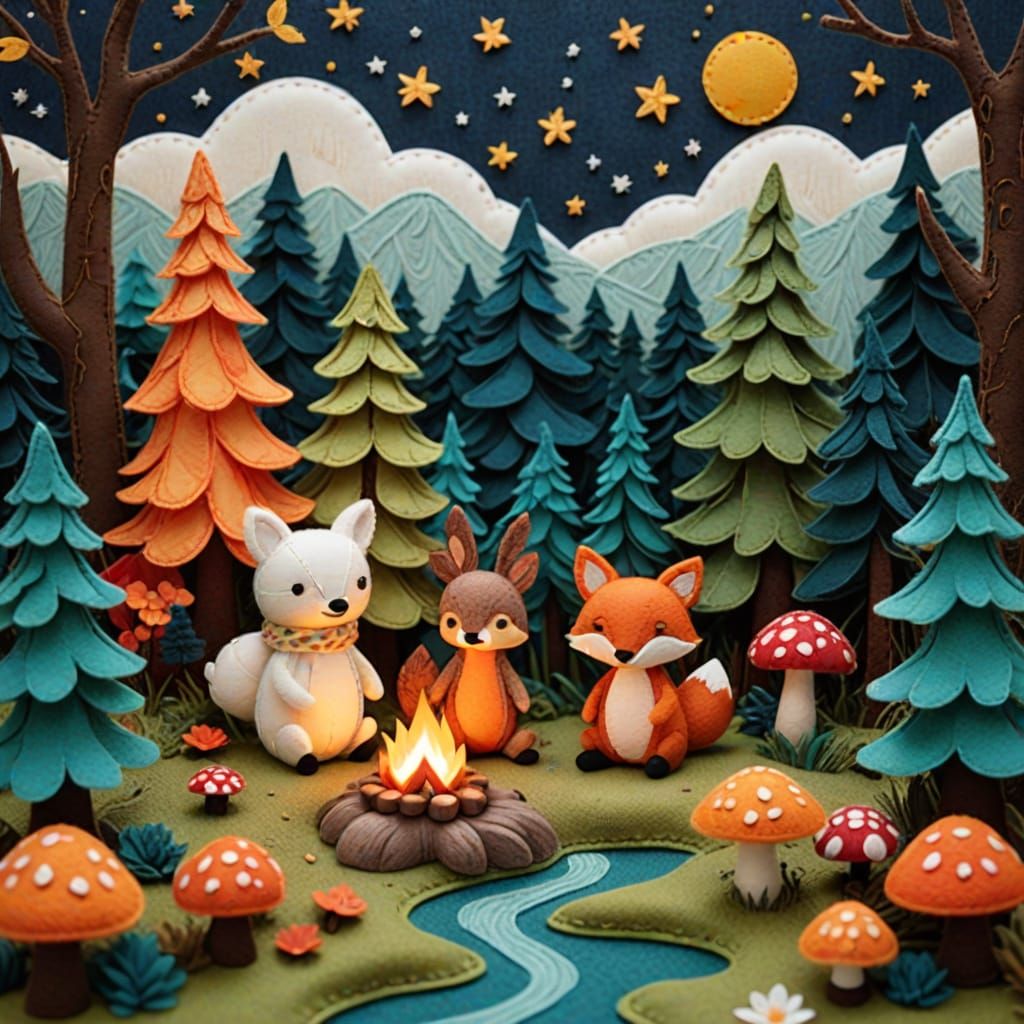 Whimsical Felt Friends Gather in Forest Under Starry Sky