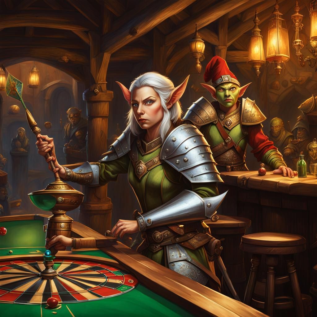 A variation of a theme: goblin playing darts in tavern and i...