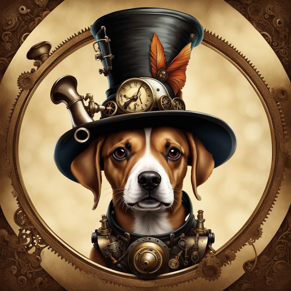 Steampunk Dog Sitting on Mushroom Smoking Pipe
