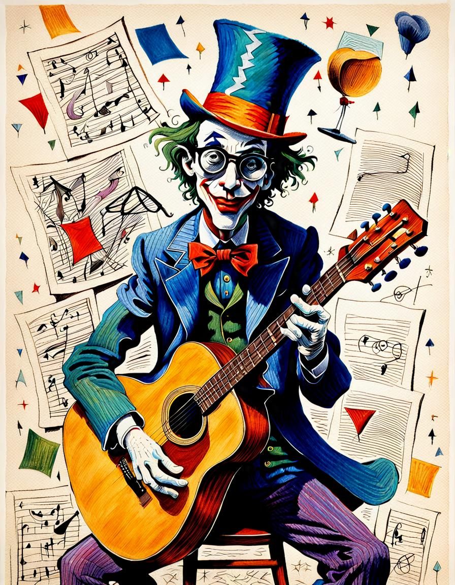 Whimsical Joker Shreds on a Top Hat in Elegant Surrealist St...