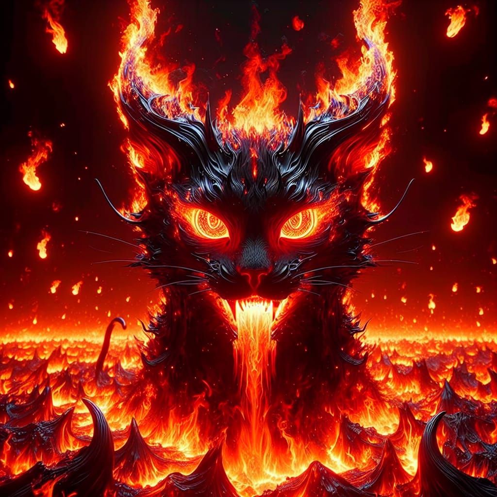 Demonic Black Cat in Blazing Inferno, Digital Illustration
