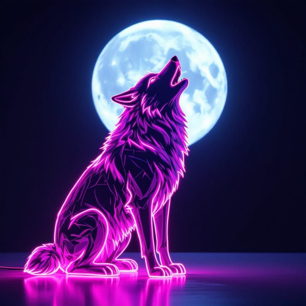 Neon Wolf Howling at Moon Art