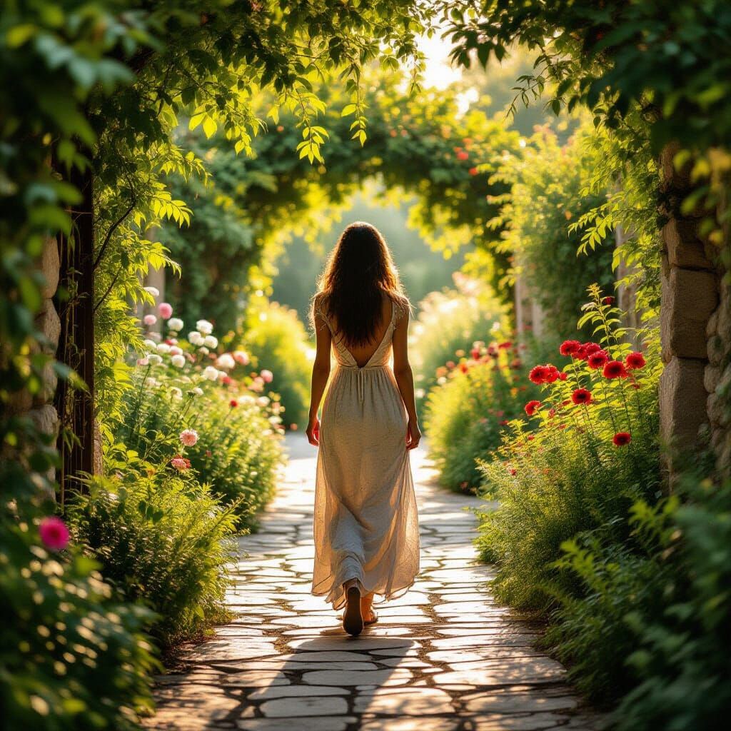 Misty Garden Wanderer in Golden Light