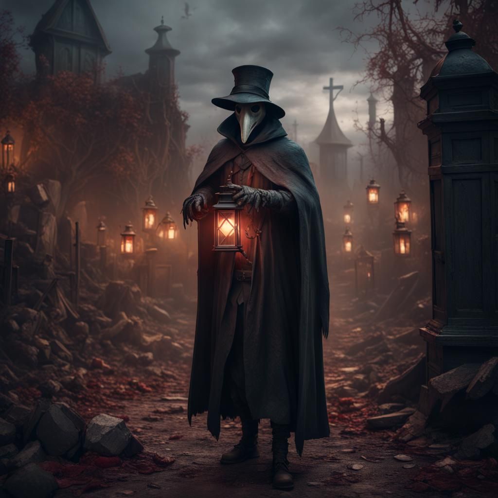 Eerie Plague Doctor with Lantern: Detailed Matte Painting